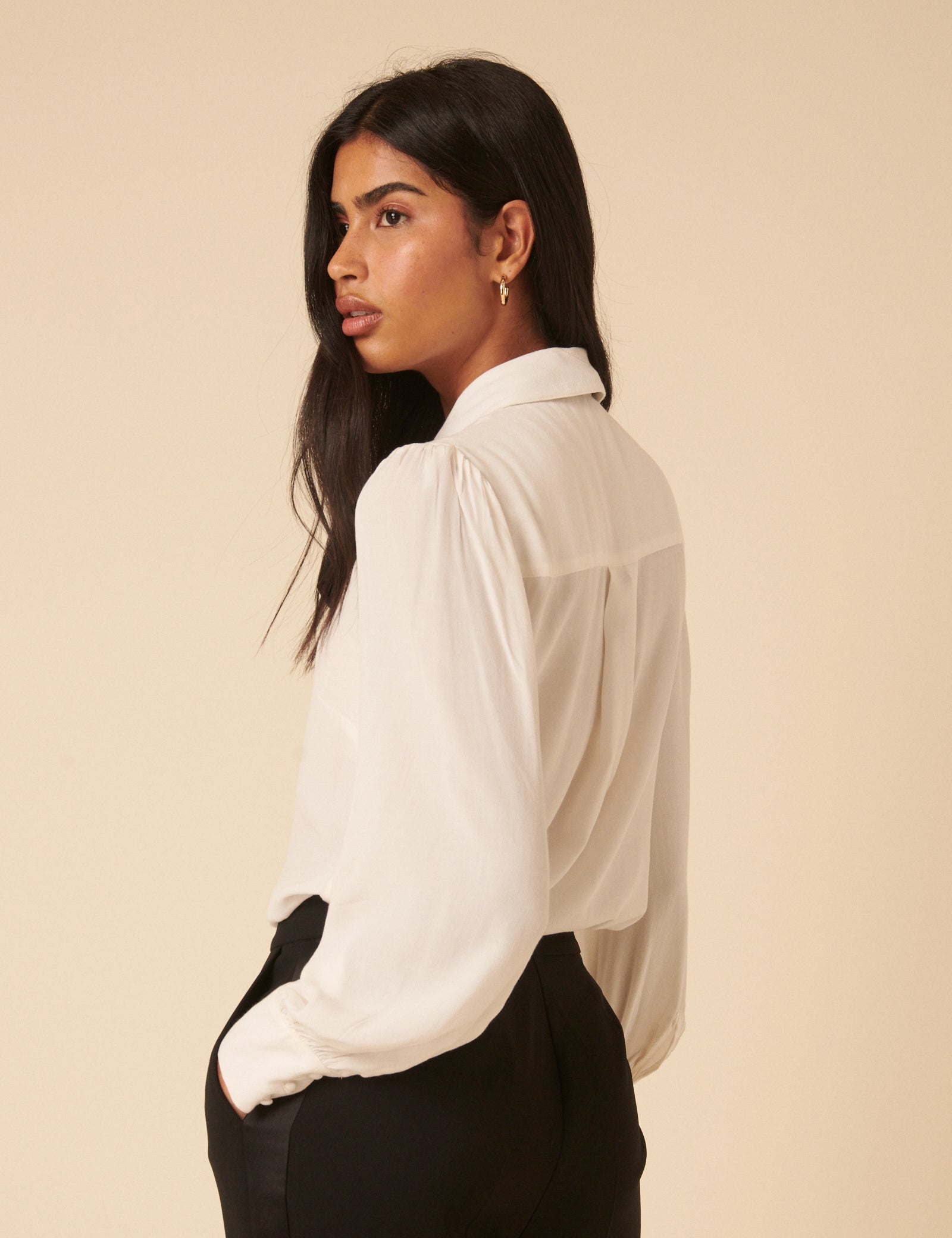 White Bow Tie Neck Blouse