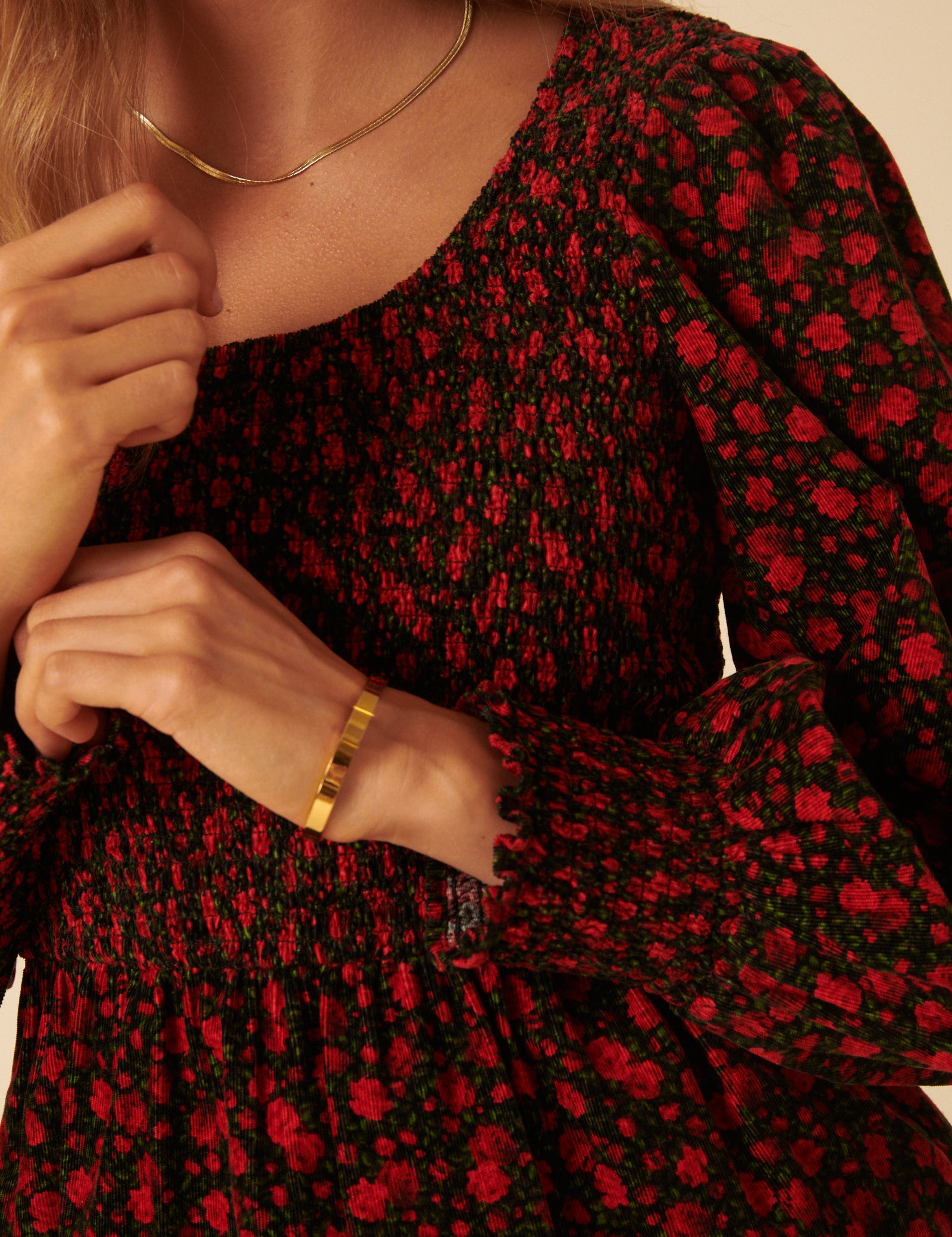 Red Floral Shirred Balloon Sleeve Top