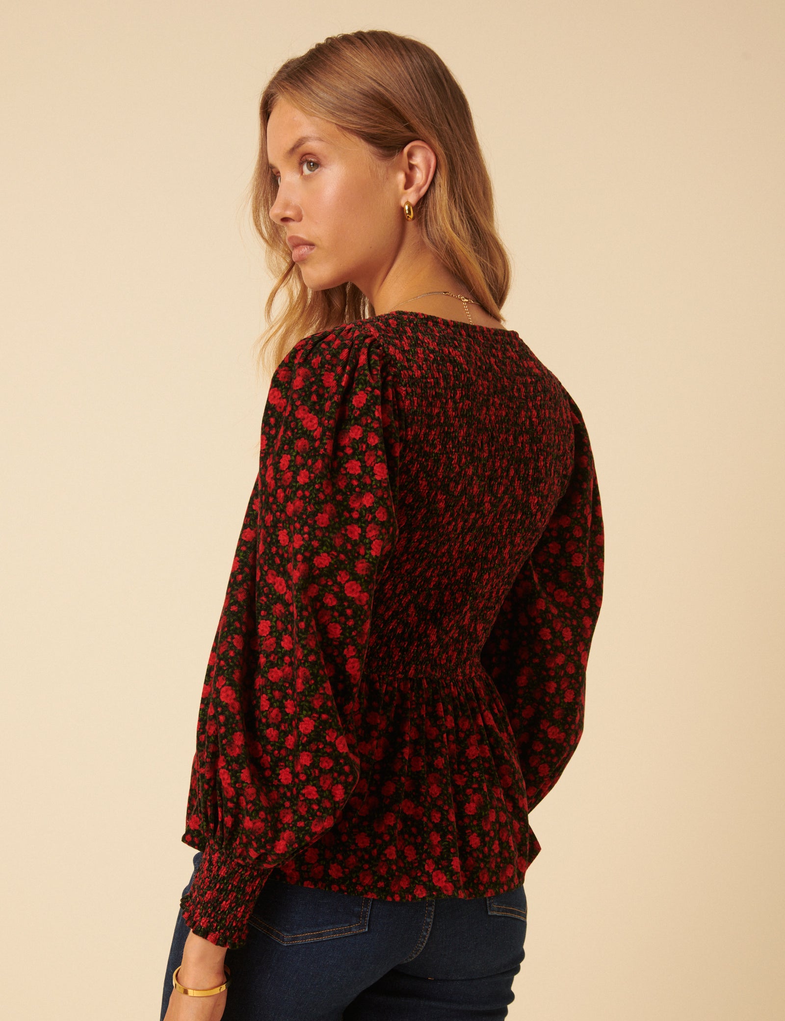 Red Floral Shirred Balloon Sleeve Top