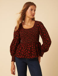 Red Floral Shirred Balloon Sleeve Top
