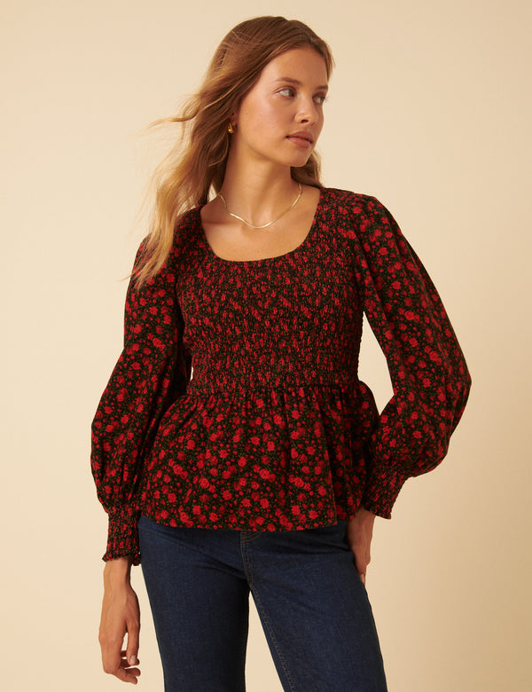 Red Floral Shirred Balloon Sleeve Top