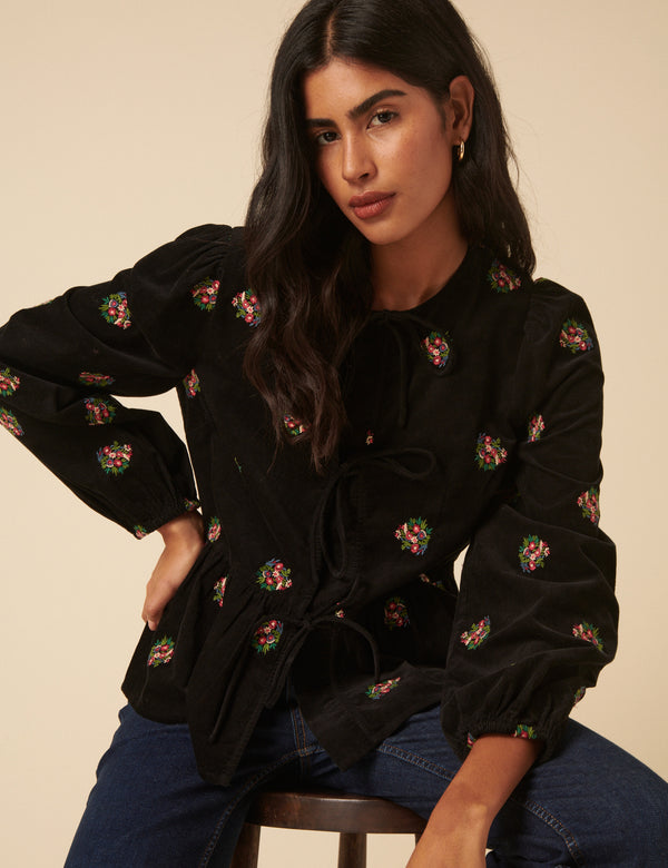 Black Cord Floral Embroidered Tie Front Blouse