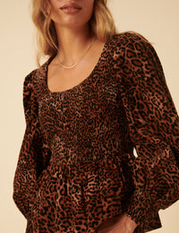 Leopard Print Shirred Balloon Sleeve Top