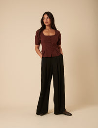 Brown Short Sleeve Button Down Blouse