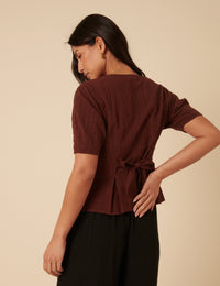 Brown Short Sleeve Button Down Blouse