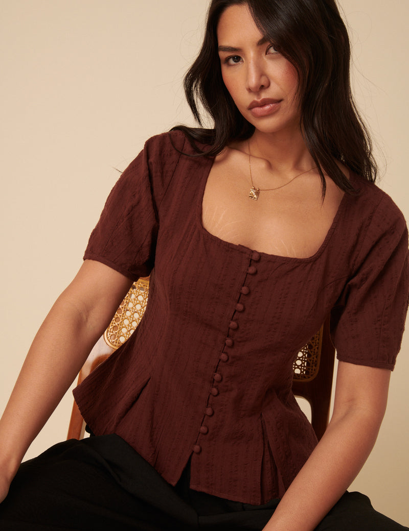 Brown Short Sleeve Button Down Blouse