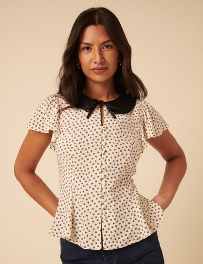 Cream Ditsy Floral Collared Blouse
