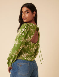 Green Floral Balloon Sleeve Top