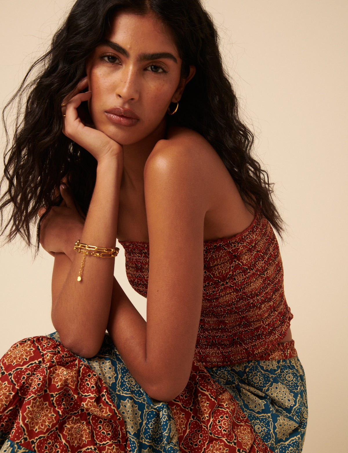 Red Tile Printed Shirred Bandeau Top