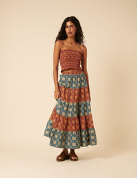 Red Tile Printed Shirred Bandeau Top