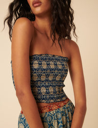 Blue Tile Printed Shirred Bandeau Top