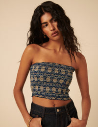 Blue Tile Printed Shirred Bandeau Top