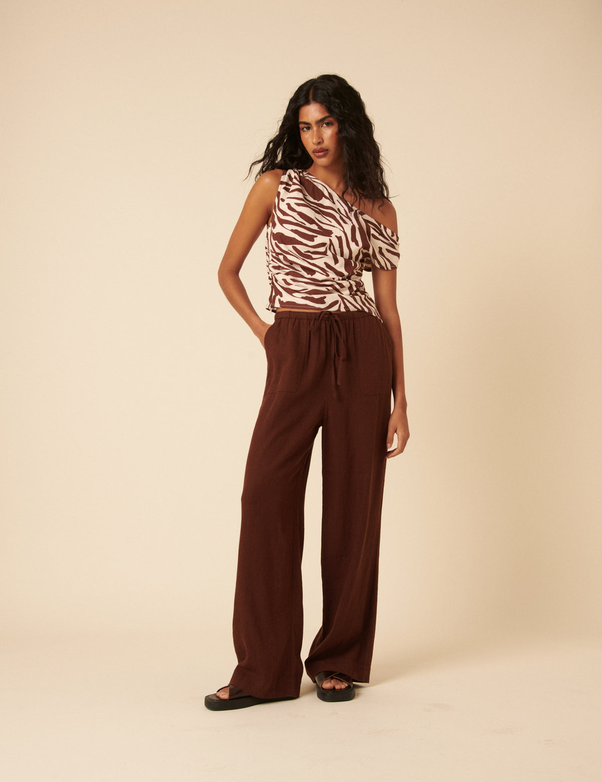 Brown Zebra Print One Shoulder Top