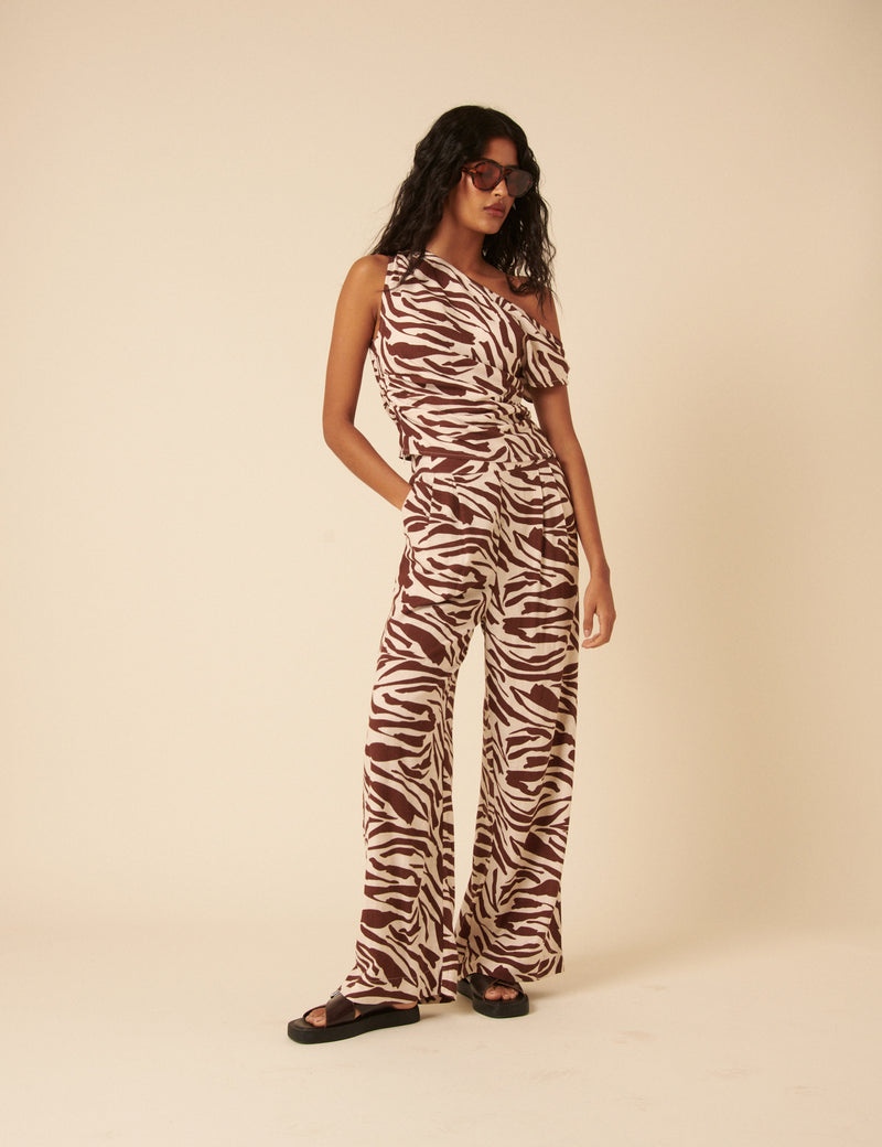 Brown Zebra Print One Shoulder Top