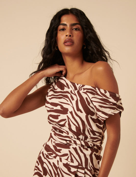 Brown Zebra Print One Shoulder Top