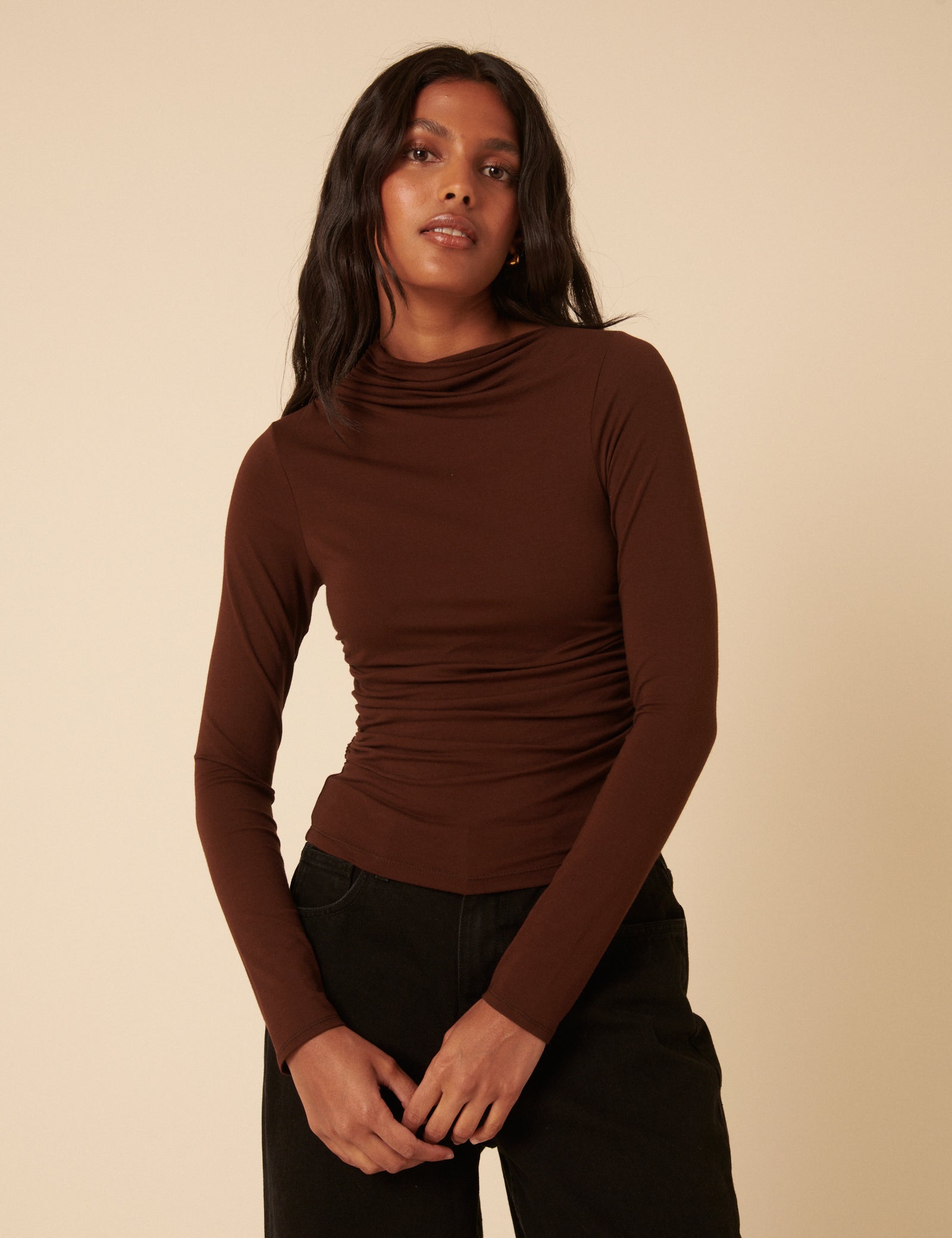 Brown Ruched Long Sleeve Top