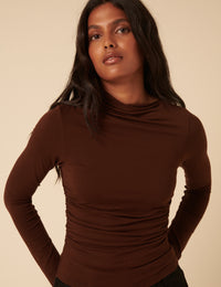Brown Ruched Long Sleeve Top