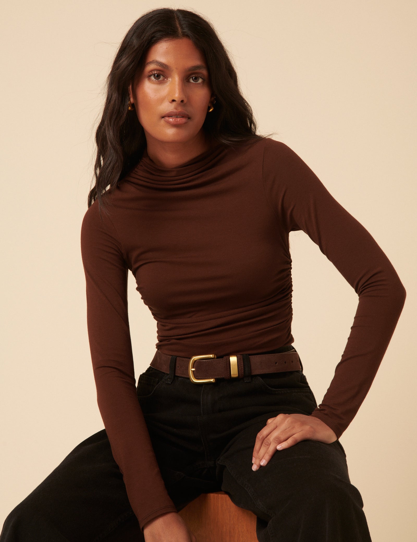 Brown Ruched Long Sleeve Top