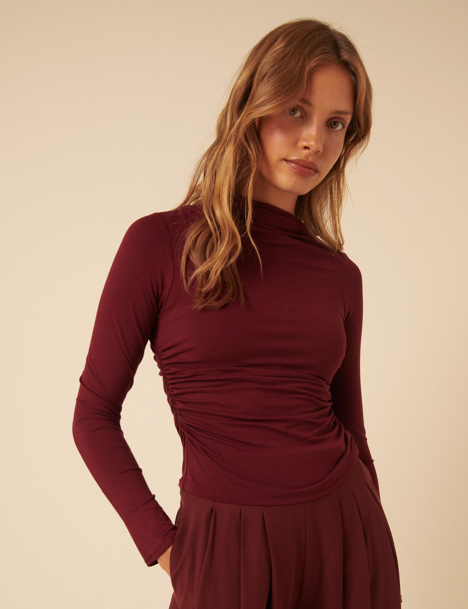 red long sleeve ruched dress JIMENA RED RUCHED MESH LONG SLEEVE DRESS