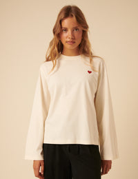 White Wide Long Sleeve Heart T-Shirt