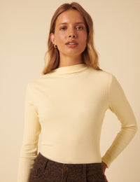 Butter Yellow Ribbed High Neck Long Sleeve Top