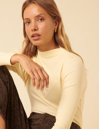 Butter Yellow Ribbed High Neck Long Sleeve Top