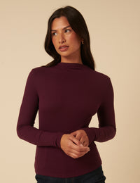 Burgundy High Neck Ribbed Jersey Top