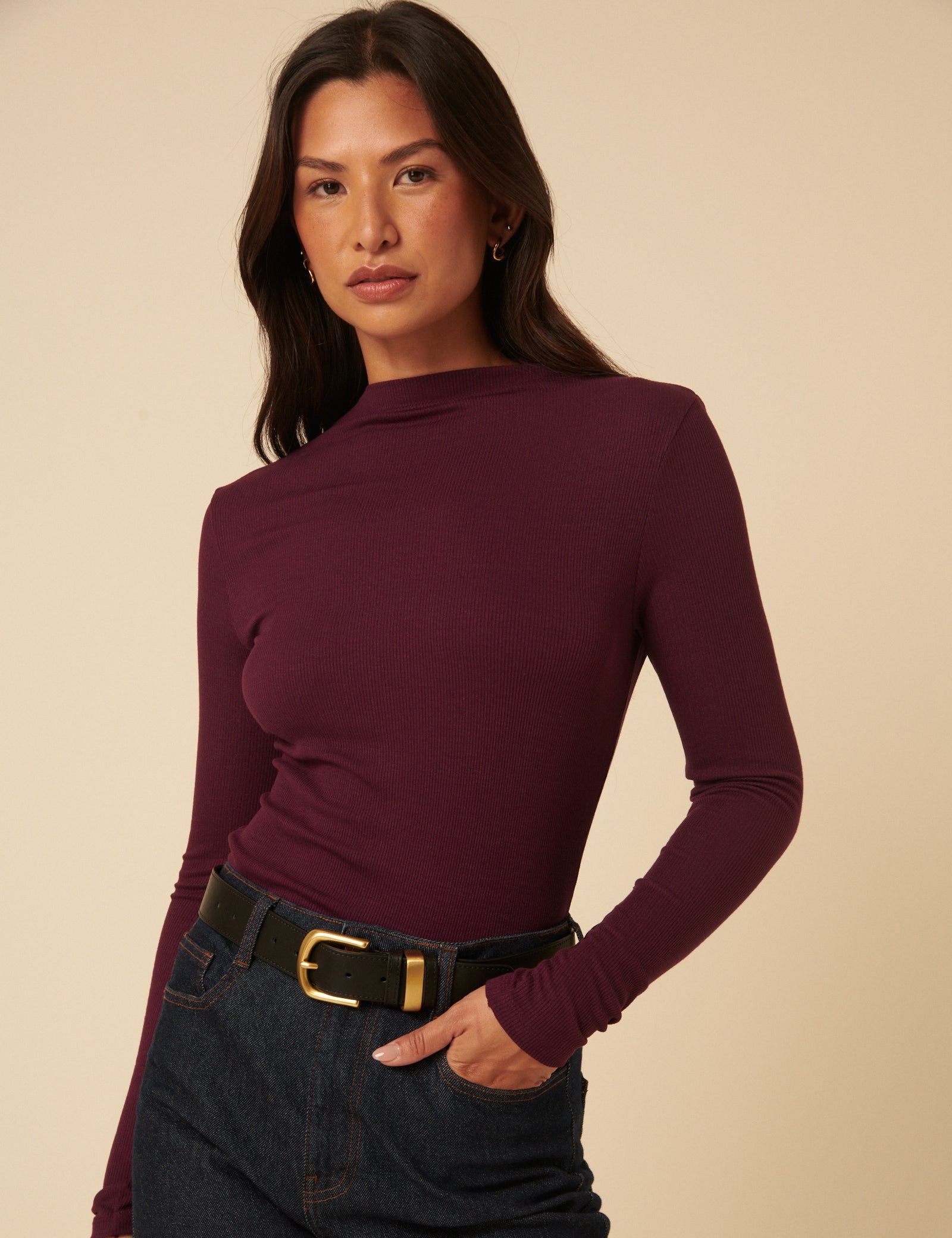 Burgundy High Neck Ribbed Jersey Top