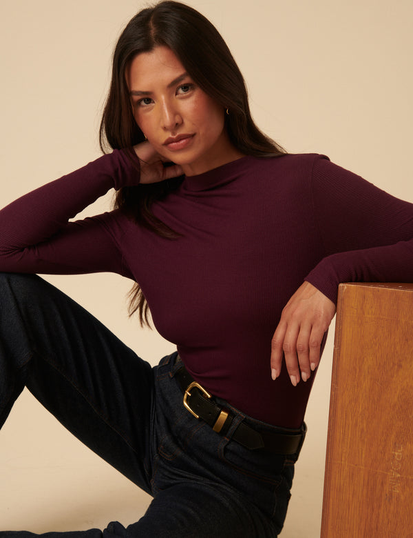 Burgundy Ribbed High Neck Long Sleeve Top