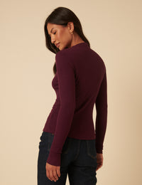 Burgundy High Neck Ribbed Jersey Top
