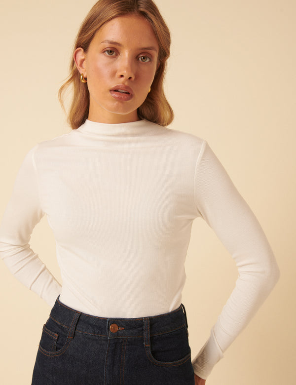 White Ribbed High Neck Long Sleeve Top
