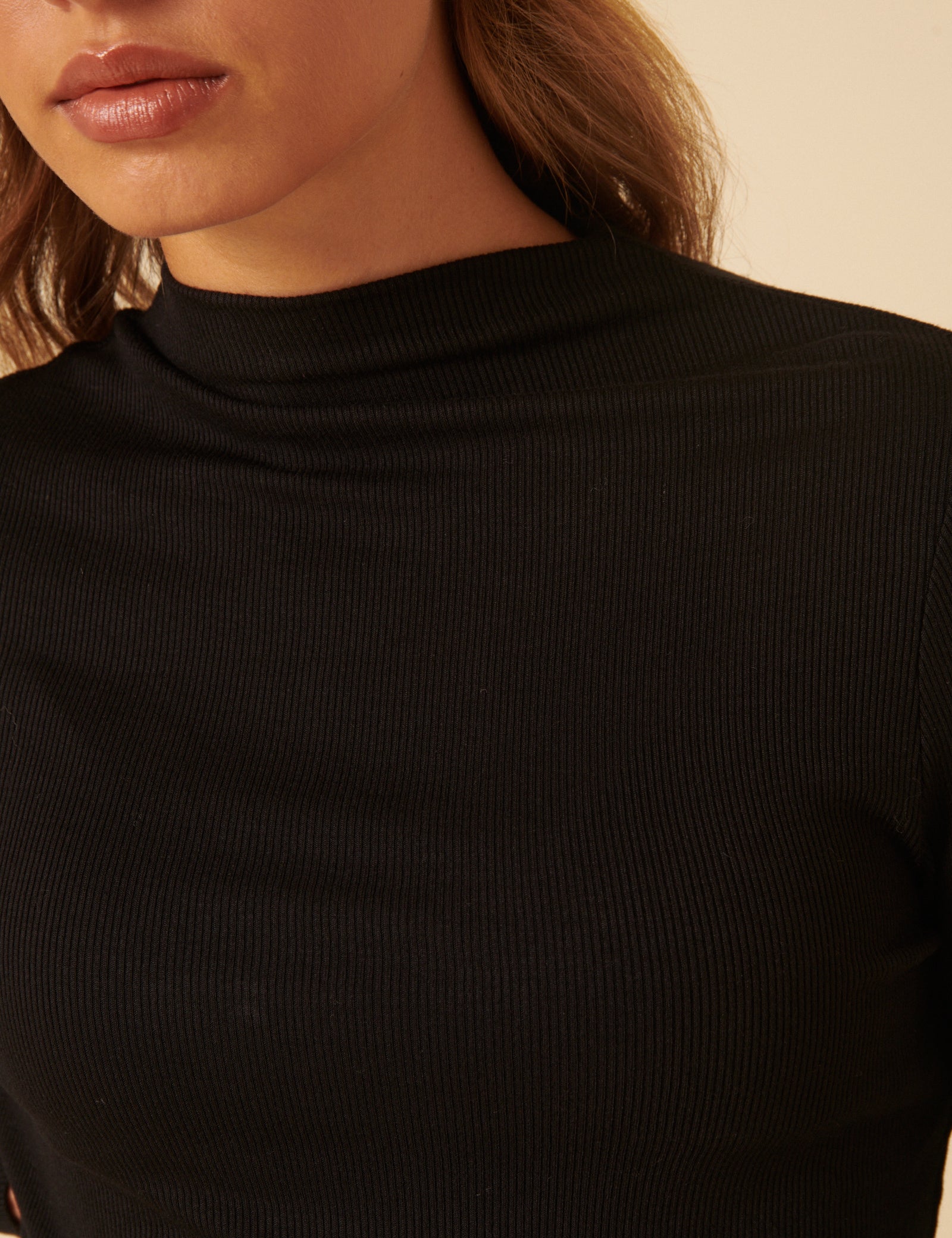 Black Ribbed High Neck Long Sleeve Top