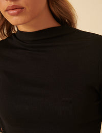 Black Ribbed High Neck Long Sleeve Top