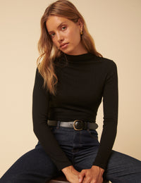 Black Ribbed High Neck Long Sleeve Top
