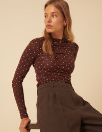 Brown Polka Dot High Neck Long Sleeve Top