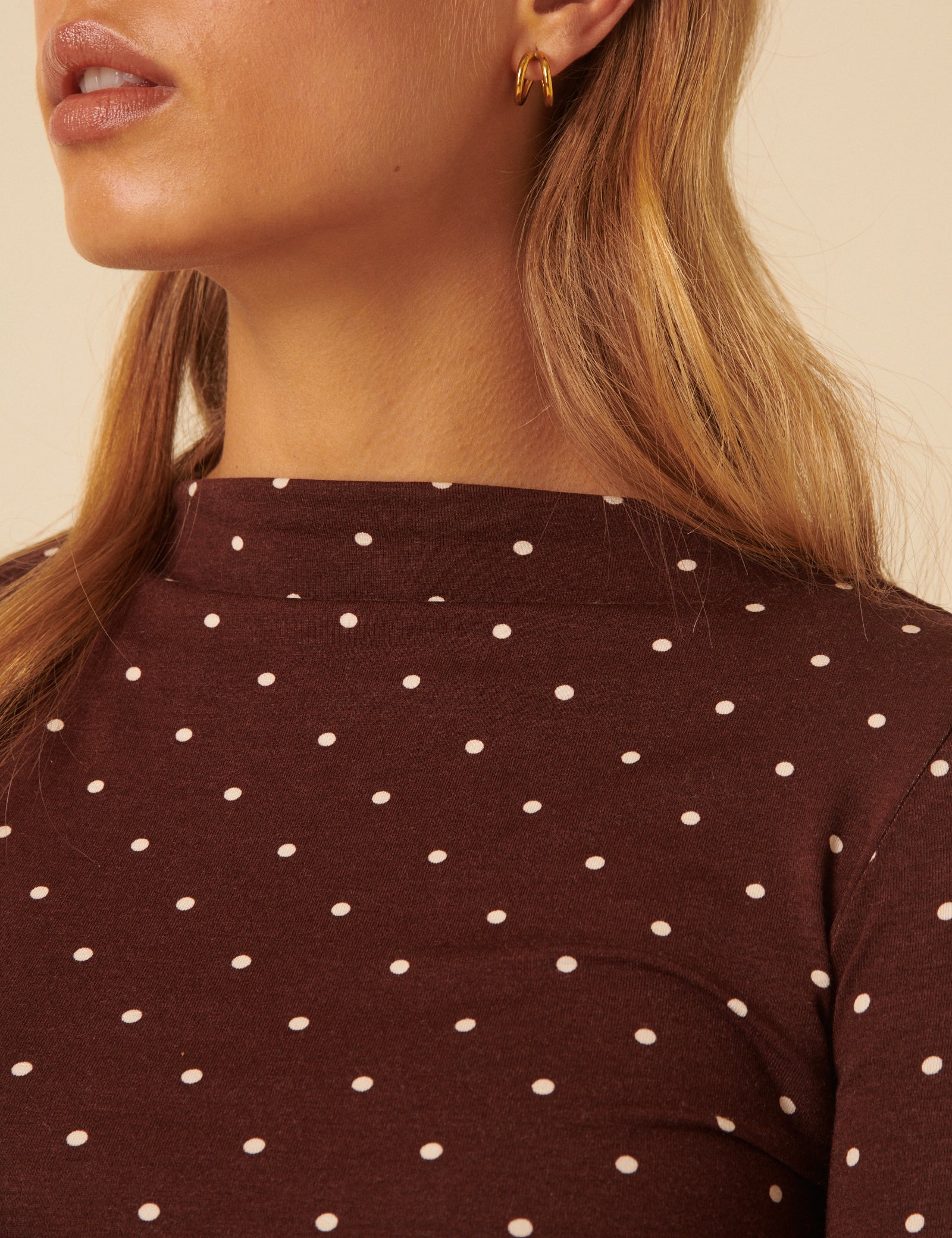 Brown Polka Dot High Neck Long Sleeve Top Brown Polka Dot High Neck Long Sleeve Top