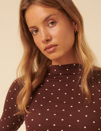 Brown Polka Dot High Neck Long Sleeve Top