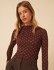 Brown Polka Dot High Neck Long Sleeve Top