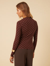 Brown Polka Dot High Neck Long Sleeve Top