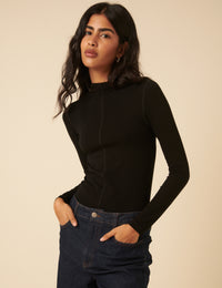 Black Long Sleeve High Neck Jersey Top
