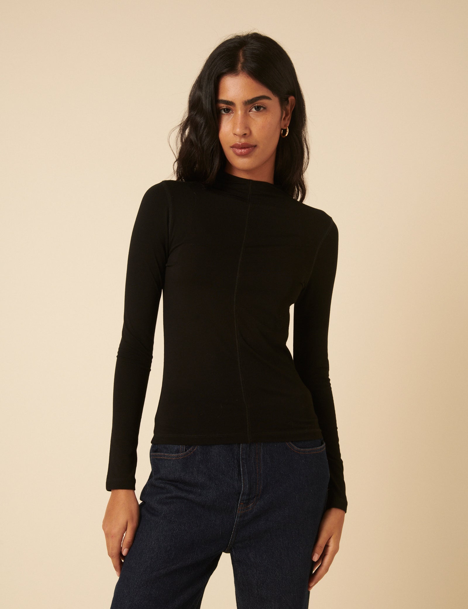 Black Long Sleeve High Neck Jersey Top