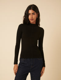 Black Long Sleeve High Neck Jersey Top