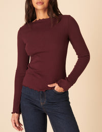 Burgundy Boat Neck Frill Ribbed Top