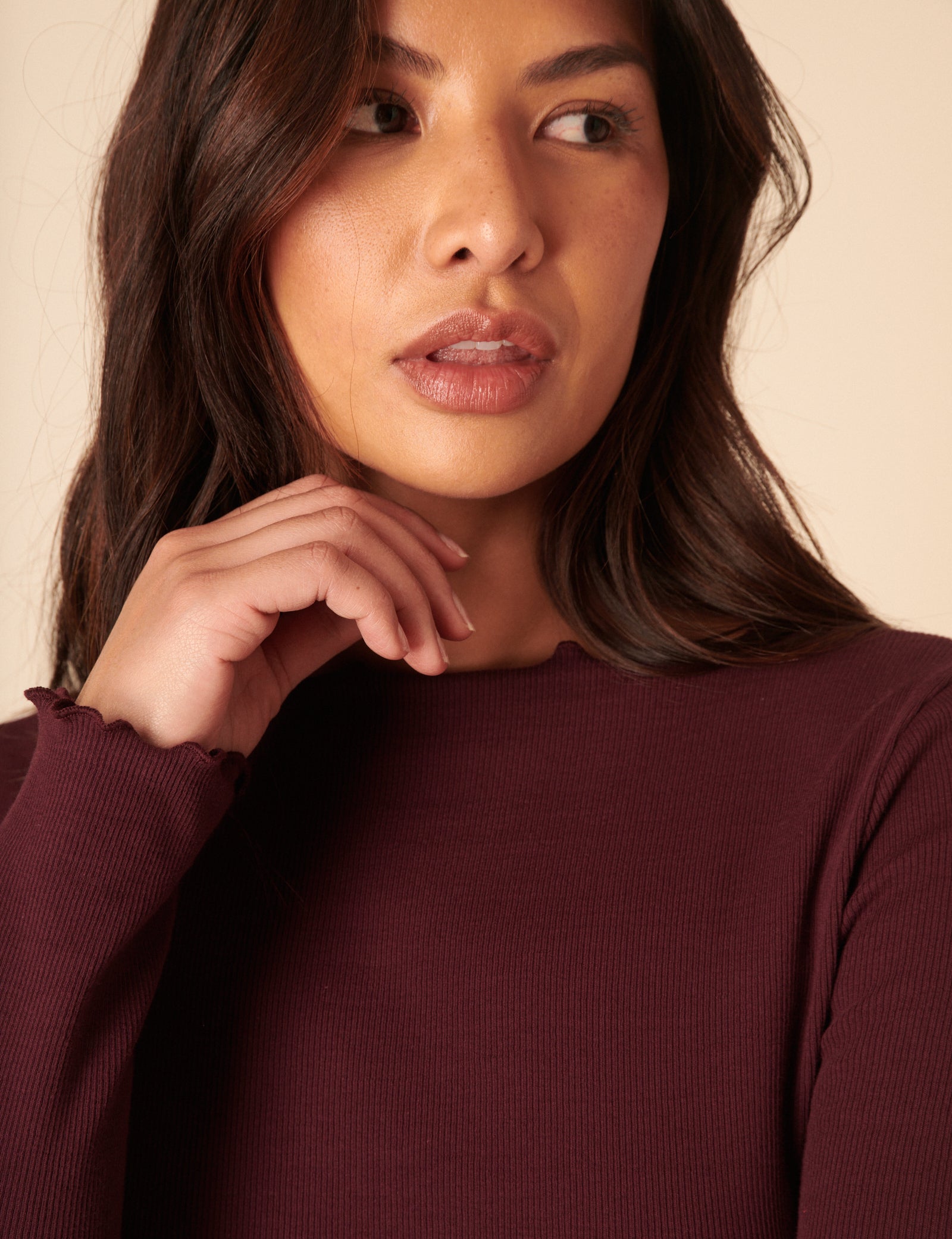 Burgundy Boat Neck Frill Ribbed Top