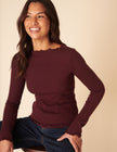 Burgundy Boat Neck Frill Ribbed Top