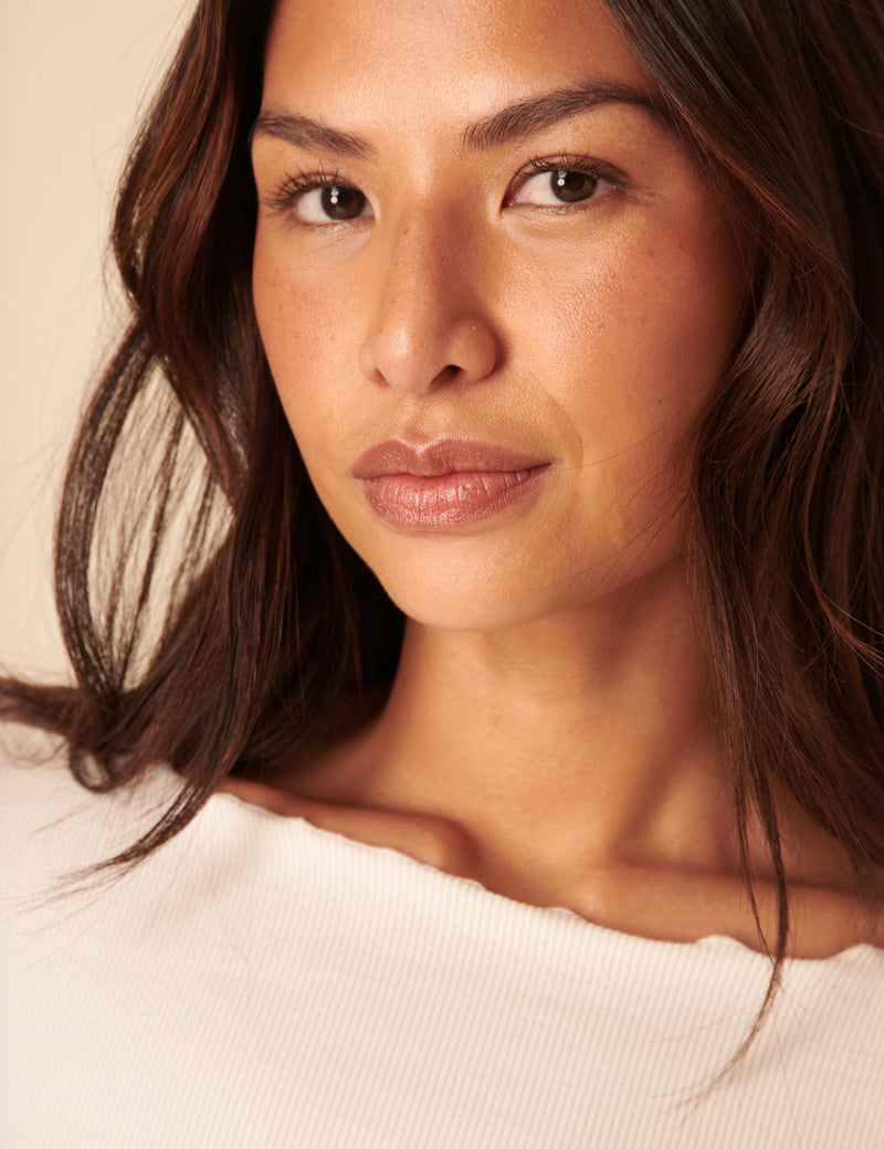 Cream Boat Neck Frill Ribbed Top