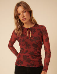 Red Floral Mesh Long Sleeve Top