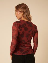 Red Floral Mesh Long Sleeve Top