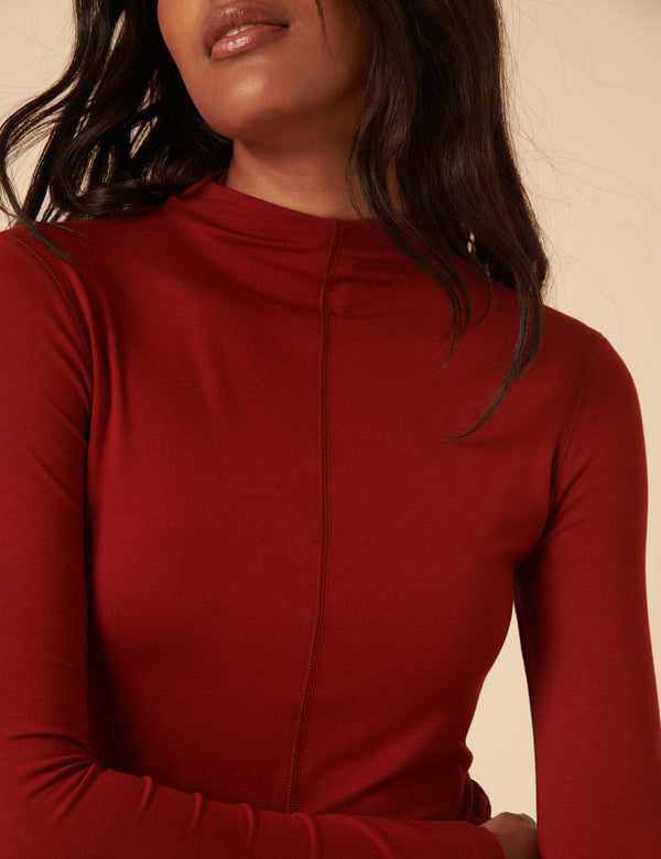 Red Long Sleeve High Neck Jersey Top