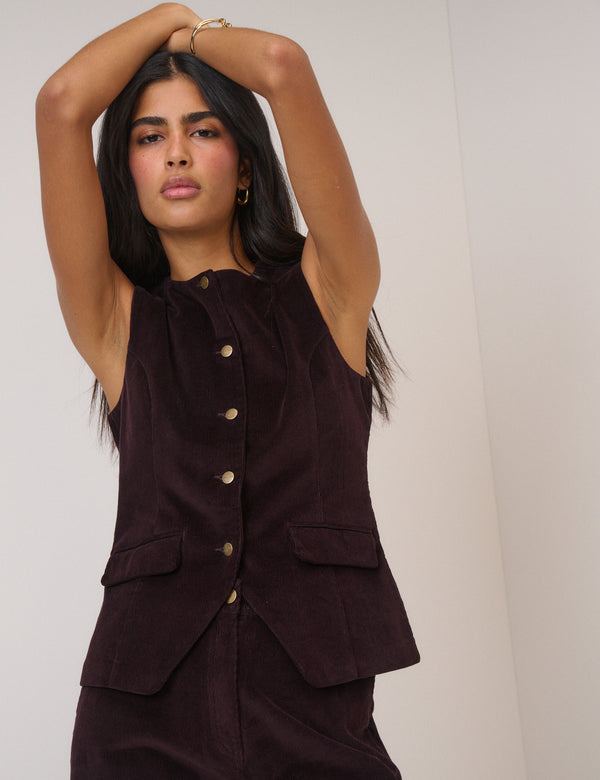 Black Cherry Cord Crew Neck Waistcoat